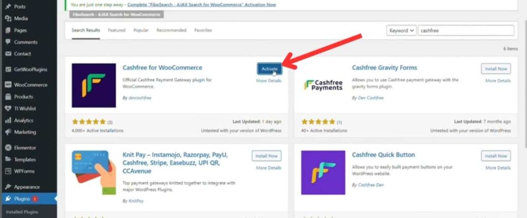 Cashfree WooCommerce plugin activet